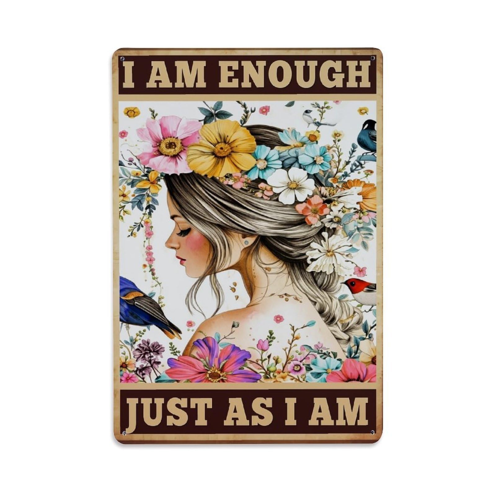 Nestemfo Vintage Floral Woman With Birds And Flowers Tin Sign Metal Sign, Living Room,Bar, Home, Bedroom Wall Decor,Retro Metal Poster 8X12 Inches
