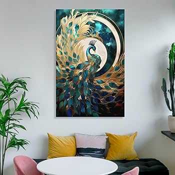 Amazon.co.jp: クジャク羽 花 孔雀 月 ポスター キャンバス