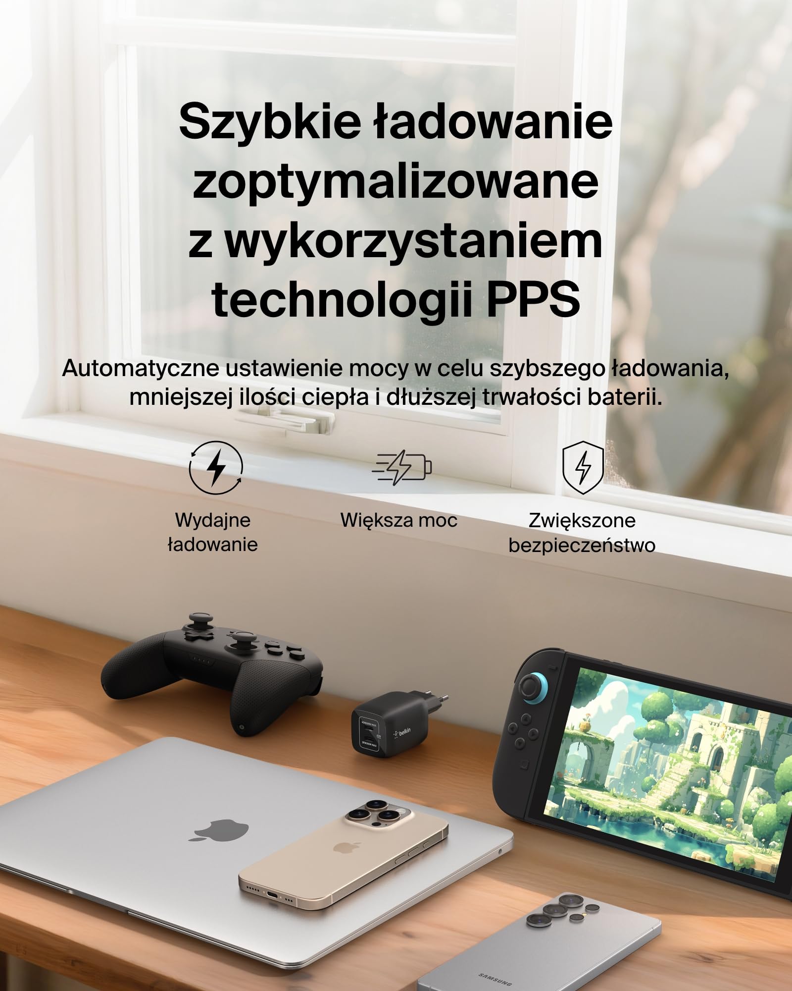 Belkin ładowarka USB-C 65 W z dwoma portami dla graczy, ładowarka USB 3.0 z GaN do szybkiego ładowania Nintendo Switch 2, iPhone 16, iPad, MacBook Air, Chromebook, Samsung Galaxy S25 Ultra – czarna