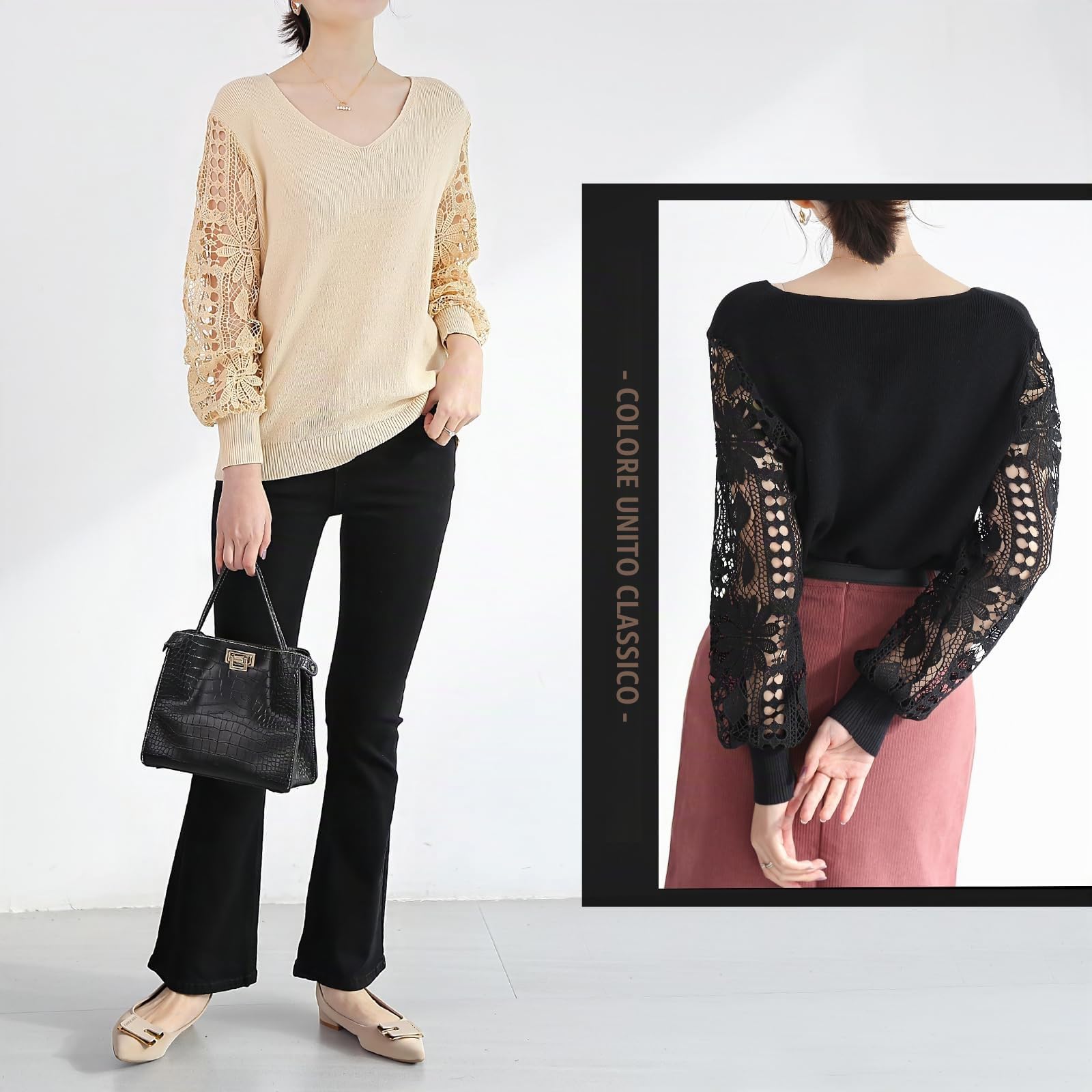 Qin Derdom Maglione in Pizzo da Donna - Elegante Pullover con Scollo a V e Occhielli all'Uncinetto, Manica Lunga, Maglia Leggera Traforata
