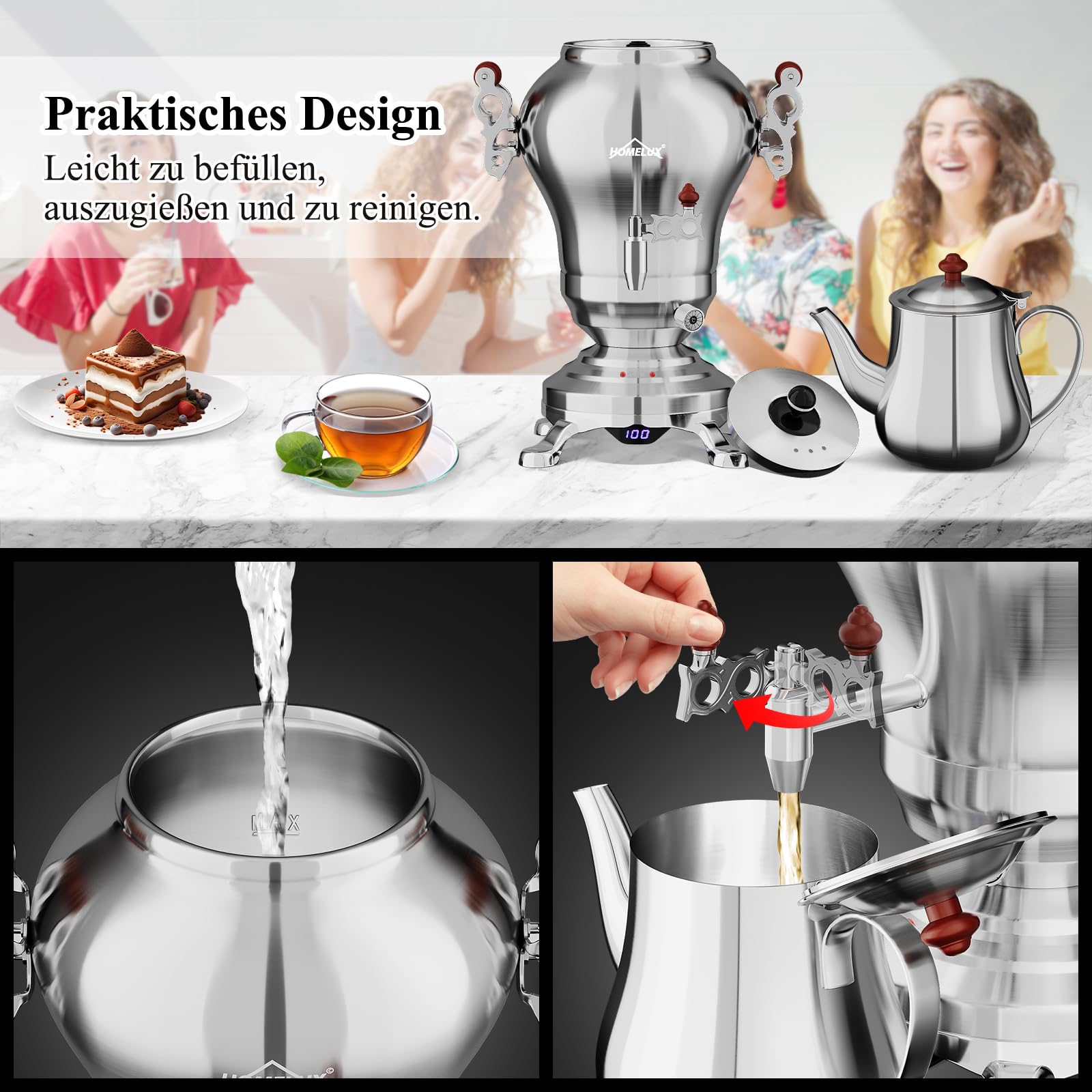 HOMELUX Samoware Edelstahl Elektrischer, 1850W Türkische Teekannen, 2.5L +1.2L Teemaschine Teekocher Wasserkocher mit Warmhaltefunktion, Intelligente Temperaturregelung, Trockengehschutz