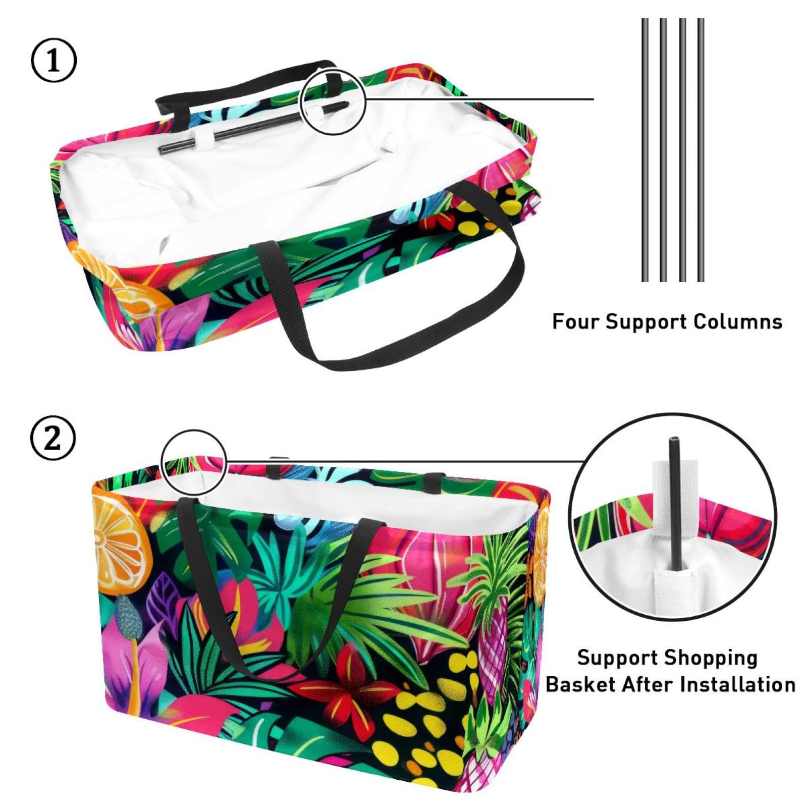 Grand sac de courses à motif tropical estival coloré, réutilisable, pliable et lavable pour la plage, le pique-nique, le camping, multicolore, 22.0x12.6x11.4 in/56x29x32 cm