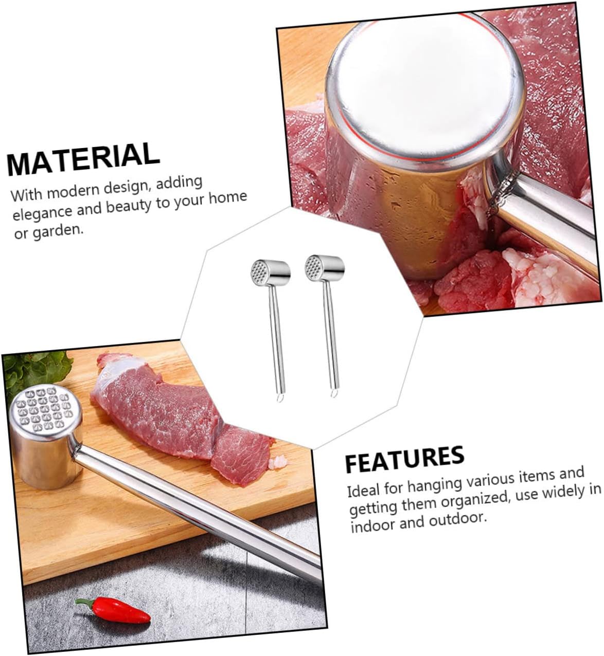 304 Stainless Steel Meat Tenderizer Hammer Set Kitchen Steak Pounder for Tenderizing Beef Pork Chicken for Home Cooking and Barbecue