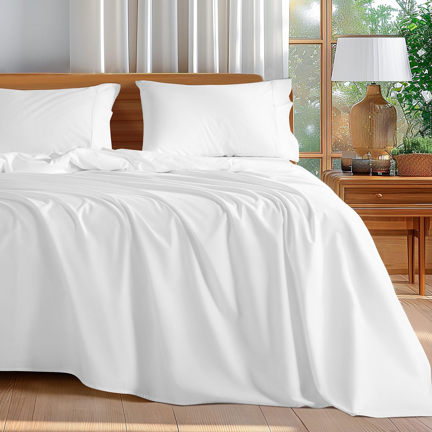 Shilucheng 100% Egyptian Cotton Queen Size Sheets Set (White, Queen)