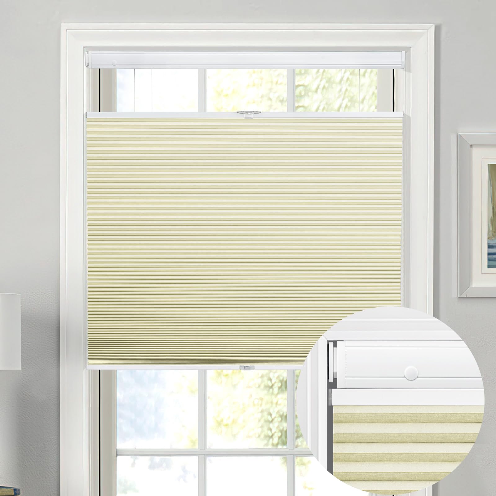 Moonice Top Down Bottom Up Honeycomb Blinds No Drill No Tools Cordless Cellular Pleated Shades 100% Blackout Thermal Window Shades Custom for Home Bedroom Office (Cream, 75cm W x 120cm H) — image 1