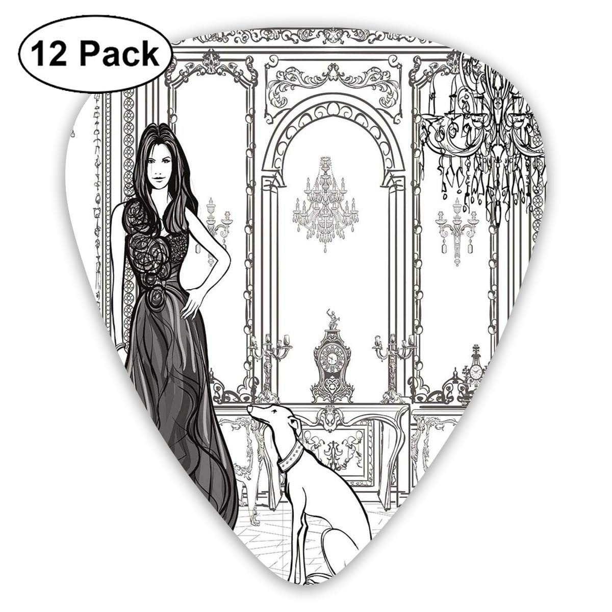Guitar Picks12pcs Plectrum (0.46mm-0.96mm), Sexy Fashion Woman In Victorian Palace With Dog Baroque Illustration,For Your Guitar or Ukulele
