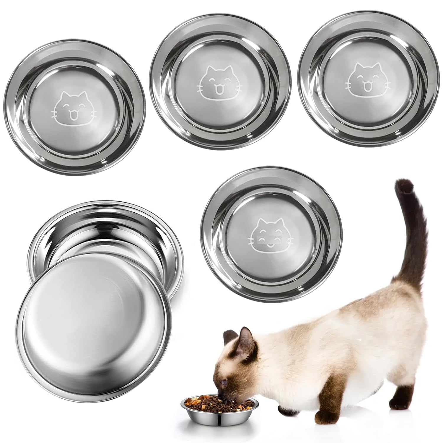 6 Pieces Stainless Steel Cat Bowls, 16cm Flat Cat Bowls, Dishwasher Safe, Non Slip Steel Cat Bowl, Metal Cat Bowl for Small Dogs and Kittens