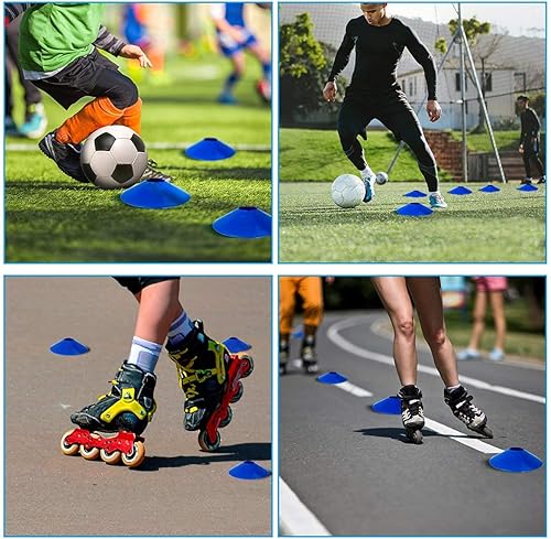Miniatura 7 de Paquete de 20 conos de disco profesionales para entrenamiento ágilentrenamiento de fútbolfútbolniñoscampootros juegos, etc. Marcadores de cono (azul)