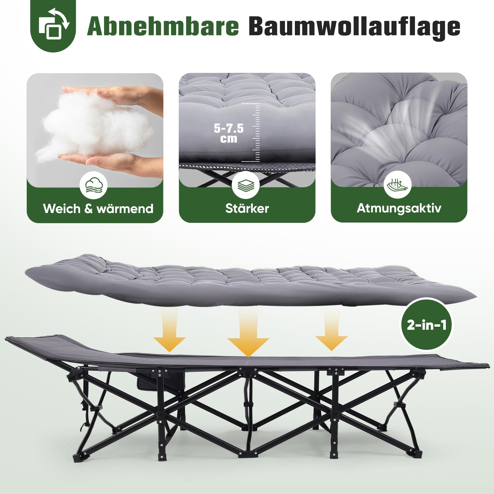 Sekey Feldbett Klappbar XXL, 190 x 71 x 35 cm überbreit, Campingbett inkl. Matratze, verstärkte Stahlrohre und hochwertiges Oxford-Gewebe – ideal als Gästebett für Garten und Camping