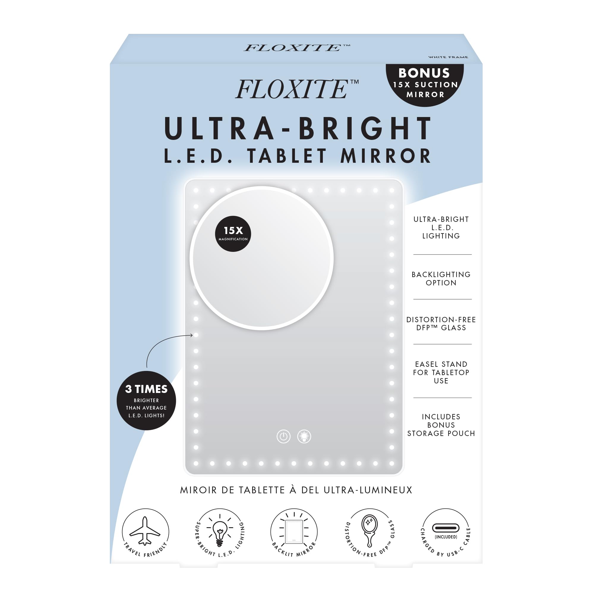 Floxite Podświetlane lustro LED do tabletu z 15-krotnym powiększeniem, ultra jasne oświetlenie, ładowanie USB-C, stojak stołowy