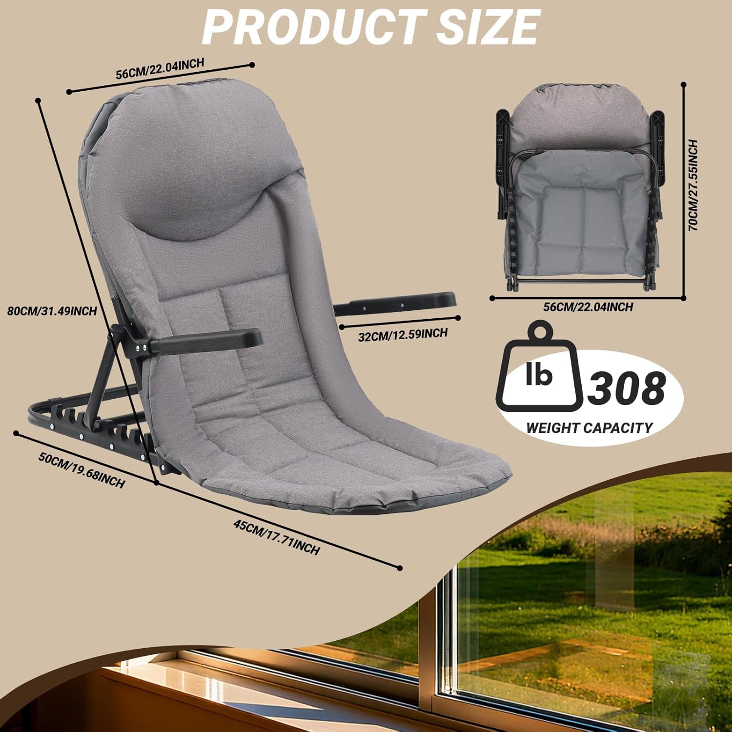 Adjustable Lifting Bed Backrest with Armrests, 7-Level Folding Sit Up Support, Portable Multifunctional Bed Chair with Pillow for Neck Head & Lumbar Support for Elderly Patients Reading Resting