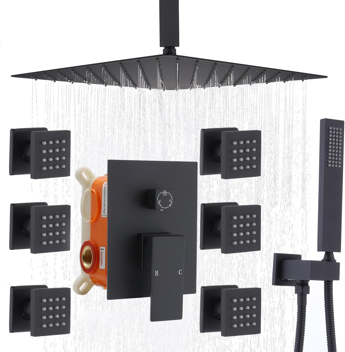 Enga Full Body Shower System with Body Jets, 12 Inch Powerful Rainfall Shower and Handheld Spray, Rough-in Mixer Valve Concealed Shower Faucet Set Complete, Matte Black