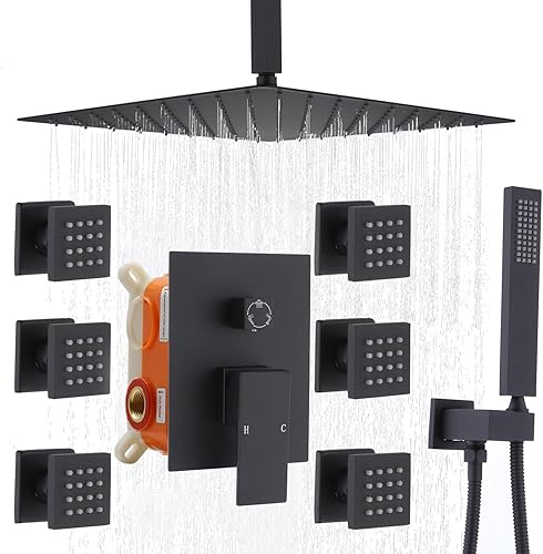 Sistema de ducha de lluvia negro mate con chorros, sistema de ducha de lluvia de montaje en techo de 12 pulgadas y rociador de mano, juego combinado