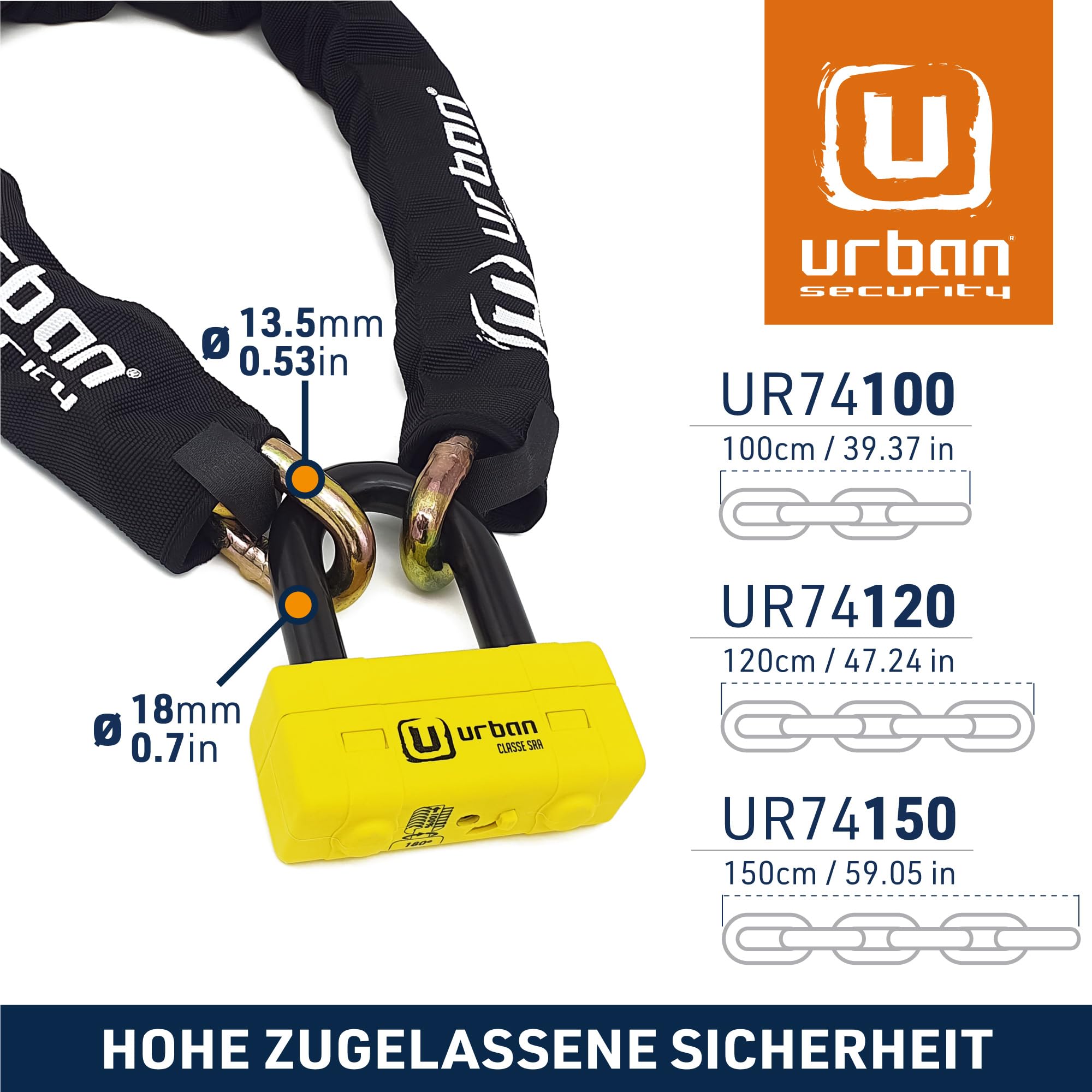 URBAN UR74120 Motorradschloss Scheibenschloss Hochsicherheits-Motorrad Diebstahl-Vorhängeschloss Diebstahlsicherung Homologiert SRA, Mini Bügelschloss + Kettenschloss ø13,5, 120 cm, Gelb