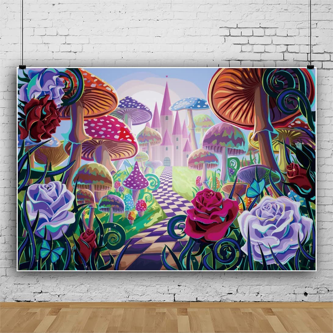 3 x 2,1 m Märchen Pilz Schloss Hintergrund Frühling Bunte Blumen Hintergrund Kinder Mädchen Prinzessin Geburtstag Party Zubehör Dekoration Babyparty Banner Fotoautomaten Studio Requisiten