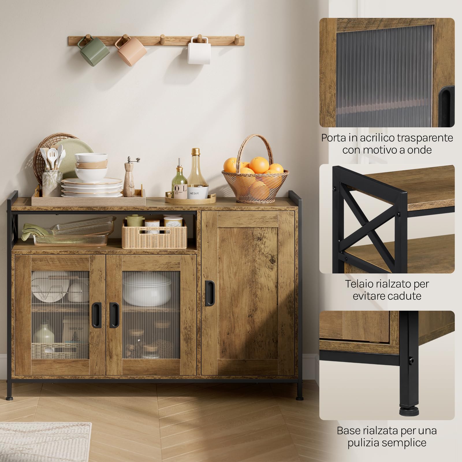 WOLTU Credenza Cucina con 3 Ante, Mobile Buffet Salvaspazio con 2 Ripiani Regolabile, in Legno e Metallo, per Cucina, Soggiorno, Ingresso, 110x33x75 cm, Effetto Legno Marrone