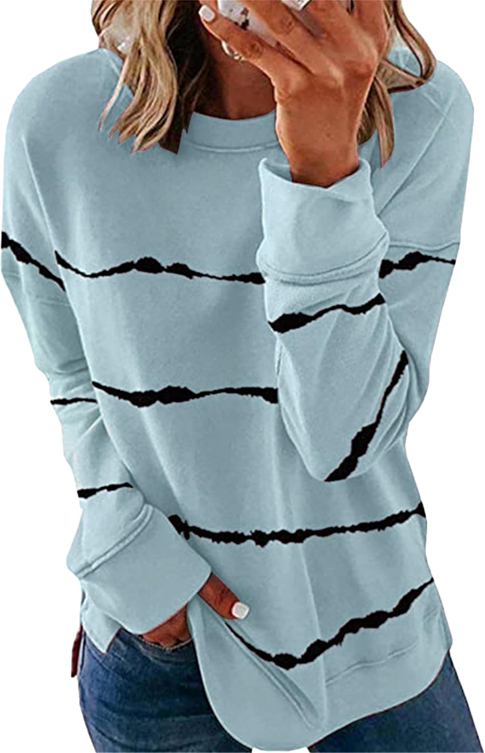 GRASWE Womens Casual Lightweight Sweatshirts Star Print Side Split Pullover Fashion Long Sleeve Tops