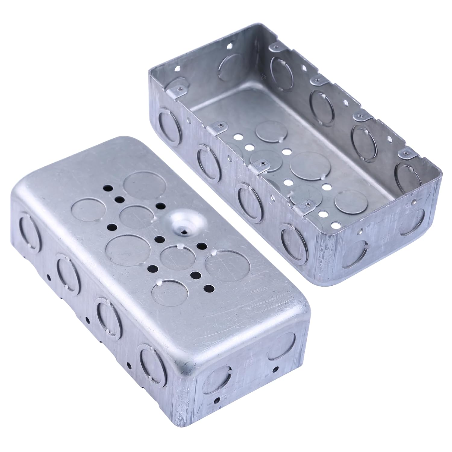 1 Pack Four Gang Multi Device Switch Box, 2-1/8"Deep Metal Electrical Box, 8-1/2'' TKO's & 4-1/2" KO's Side KO, 4-1/2" & 3-3/4" Bottom KO, Raised Grounded, Galvanized
