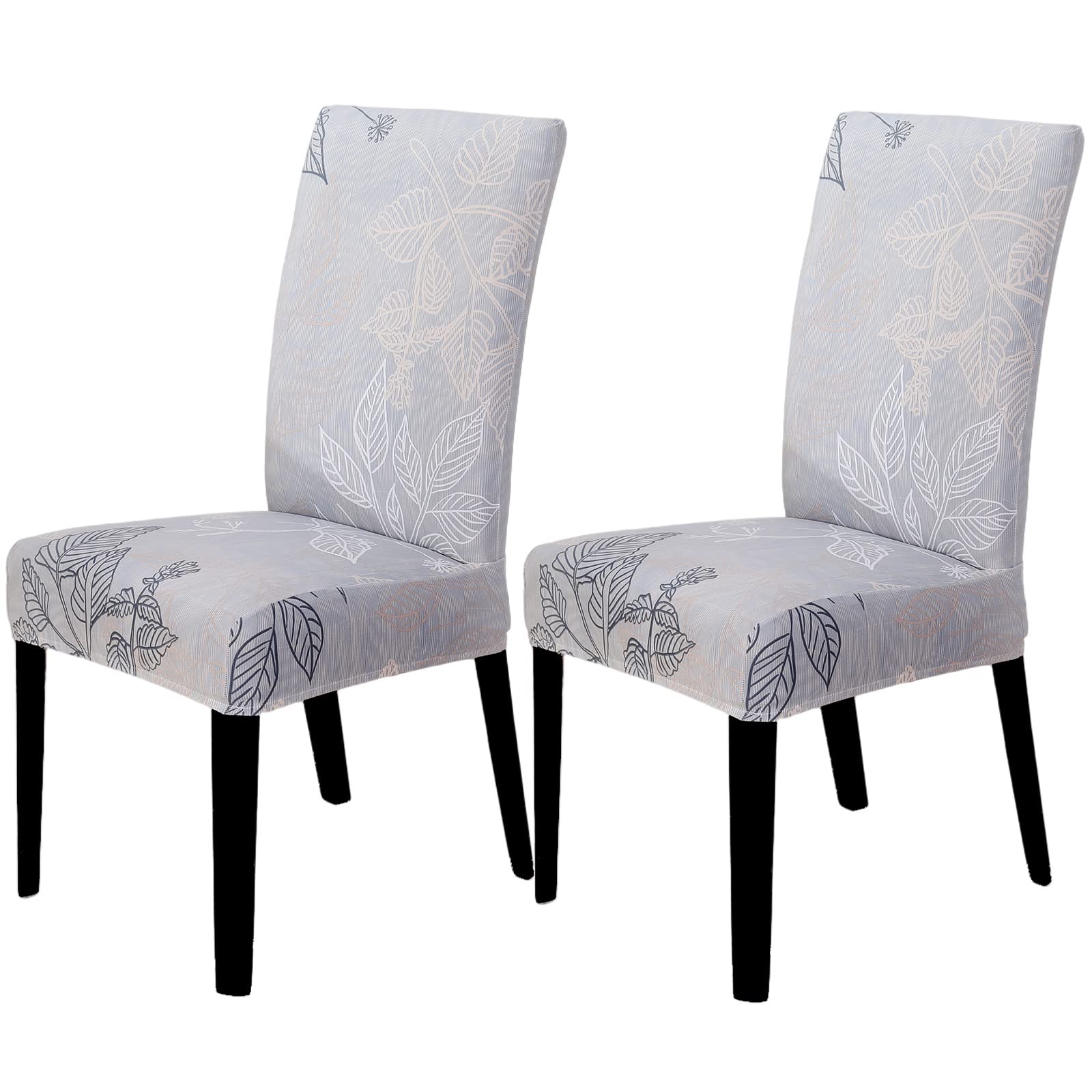 Dining Room Chair Covers Set of 2, Stretch Parsons Chair Slipcovers Removable Washable Spandex Printed Chair Seat Protector Cover for Hotel, Office, Ceremony, Banquet, Wedding Party (Leaves Grey)