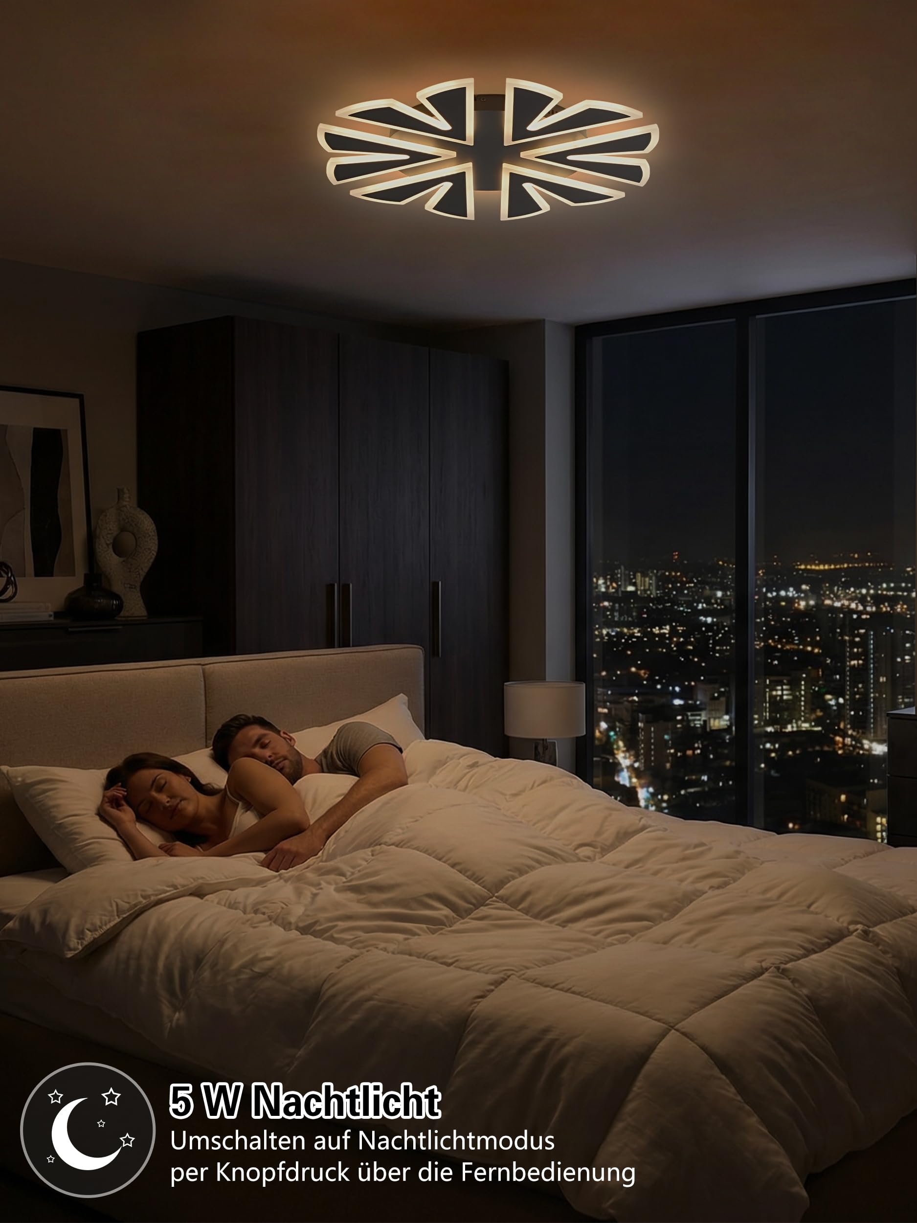 LED Deckenlampe Dimmbar schwarz Schneeflocken 50cm 5600lm 56 W | Fernbedienung/Mobile APP, Farbtemperatur 3000-6000K, Helligkeit 5-56W, 5W Nachtlicht, Memory-Funktion, Timer-Funktion