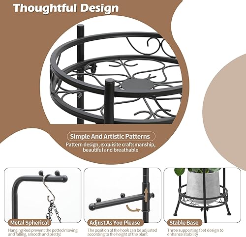 Miniatura 4 de CZWL&HG Soporte Colgante para Plantas Ajustable de 2 Niveles de 72" Estante de Metal - Estante Alto para Plantas de Interior/Exterior con Ganchos