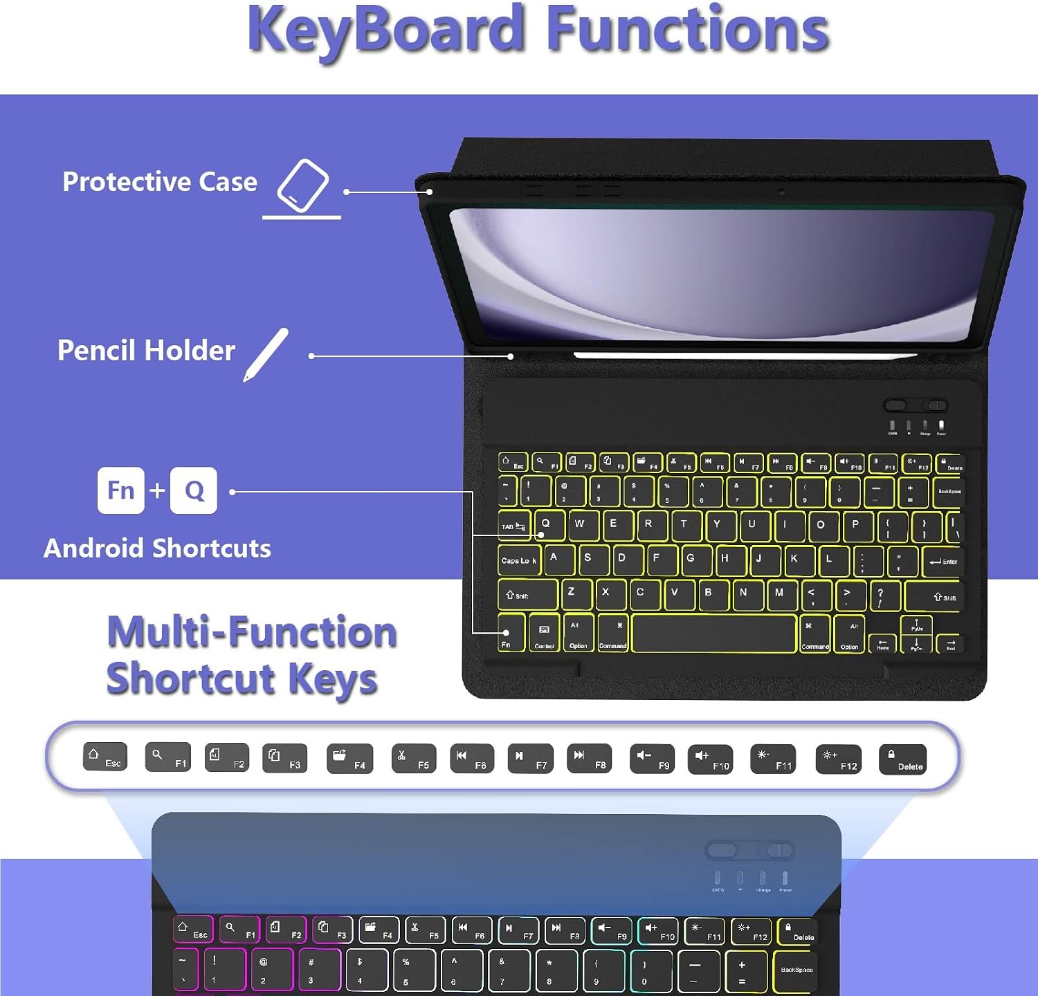 for Galaxy Tab A11 Plus Case with Keyboard/Galaxy Tab A9 Plus 11",7-Color Backlit,Detachable Wireless Bluetooth Keyboard Case with S Pen Holder and Mouse for Tablet A11+/A9+ 5G (7C Black)