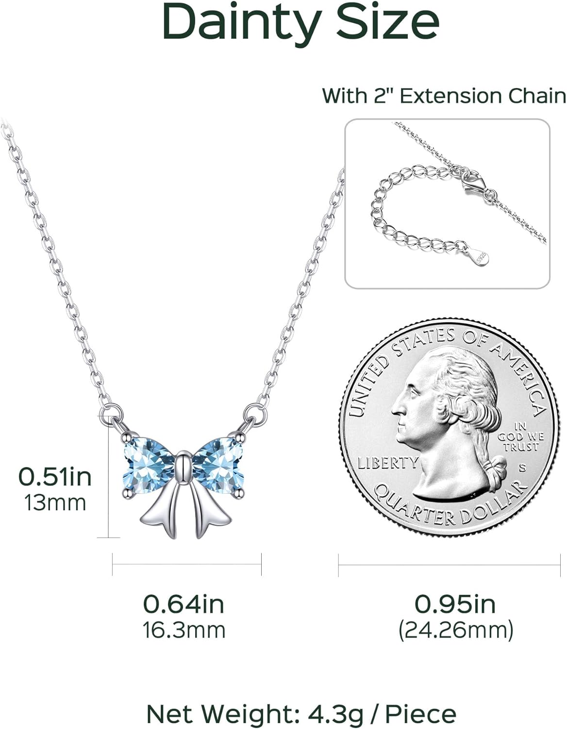 ChicSilver Bow Birthstone Necklace, 925 Sterling Silver Pendant Necklaces for Women, Hypoallergenic Silver Choker with 16 inch Rolo Chain, 12 Months Jewelry for Valentines Mothers Day Christmas