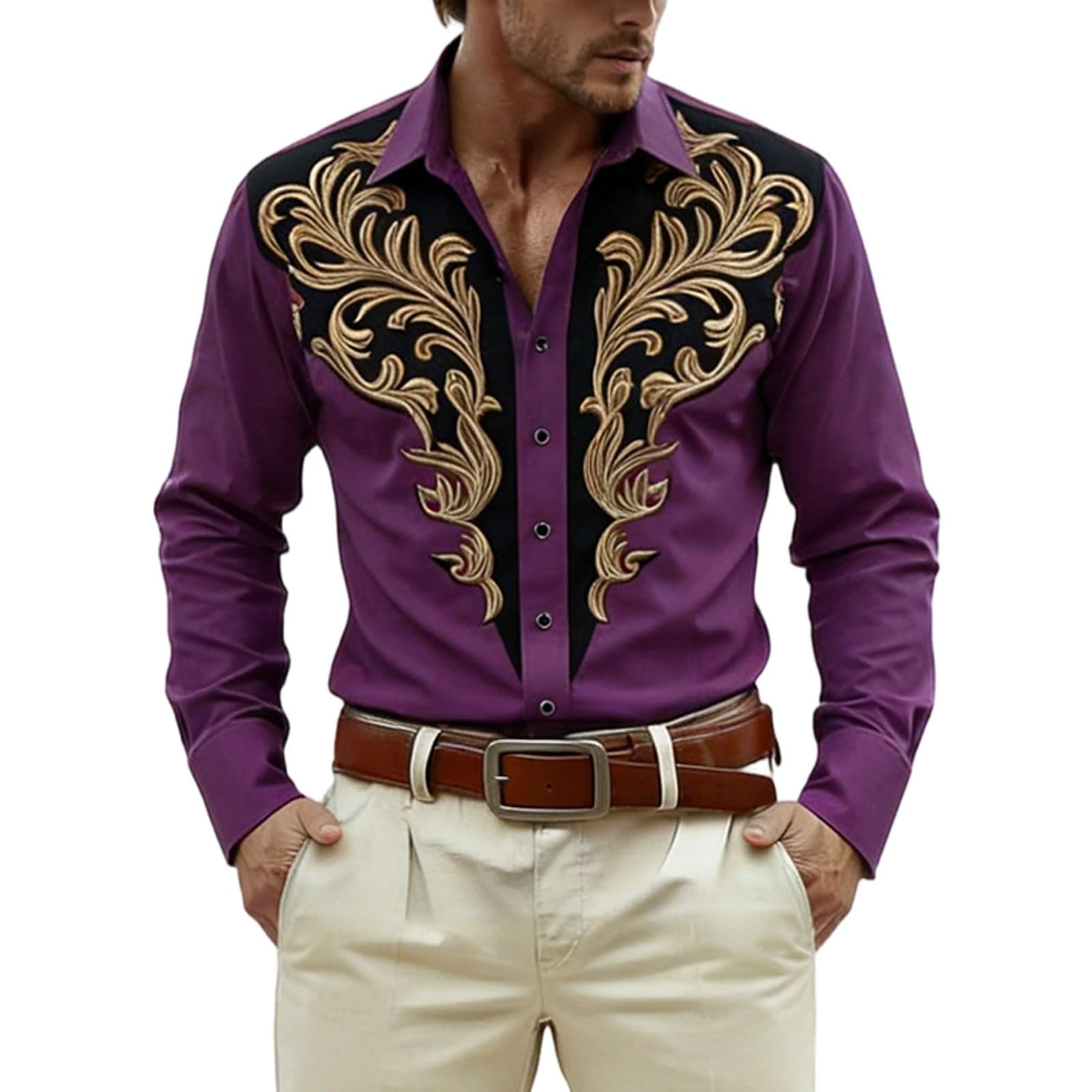 Long Sleeve Shirt with Print for Festive Western and Cowboy Outfits - Medieval Shirt with Buttons for Casual and Parties, purple, L