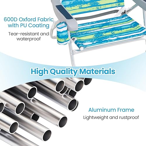 Miniatura 6 de Giantex Paquete de 2 sillas plegables de camping con 5 posiciones ajustables, almohada para la cabeza, toallero, reposabrazos y soporte para tazas,