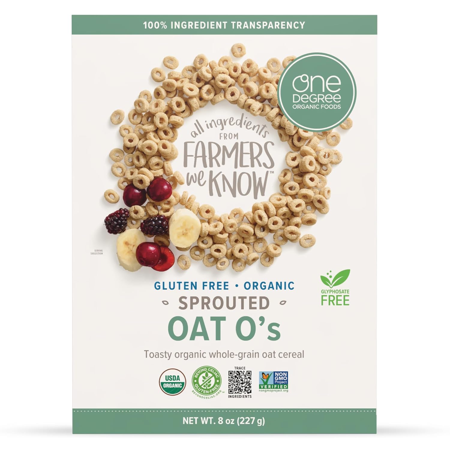 One Degree Organics Sprouted Oat O's Whole Grain Cereal, 8oz, 6-Pack
