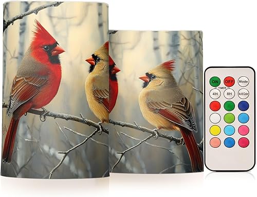 ALAZA Velas parpadeantes sin llama de pájaros rojos en abedul que funcionan con pilas con temporizador remoto, velas de té LED de pilar votivo,