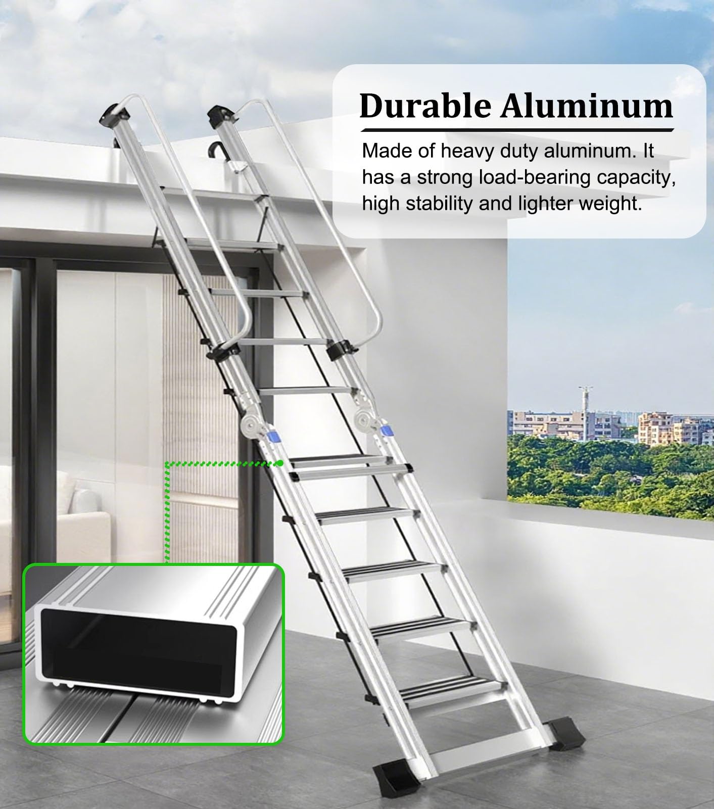 Escalera plegable de aleación de aluminio resistente con pasamanos de seguridad, escalera portátil para ático para almacén, sótano, garaje, acceso al techo