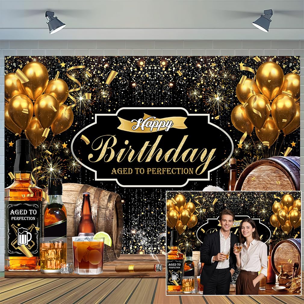 Photo 1 of 10X8ft Birthday Backdrop Whiskey Beer Gold Balloons Aged to Perfection Adult Birthday Party Photography Background Photo Booth Cake Table Decor Supplies Wall Decor Banner