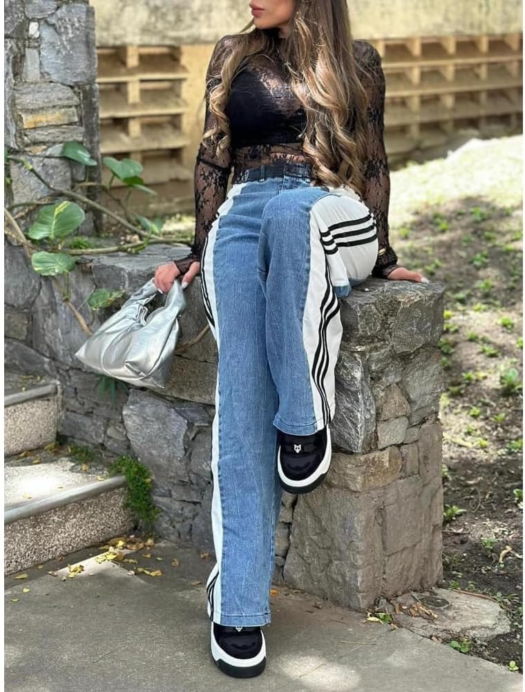 Women's Patchwork Striped high Waist Stretch Denim Color Matching Straight Wide Leg Fashionable Boyfriend Style Jeans