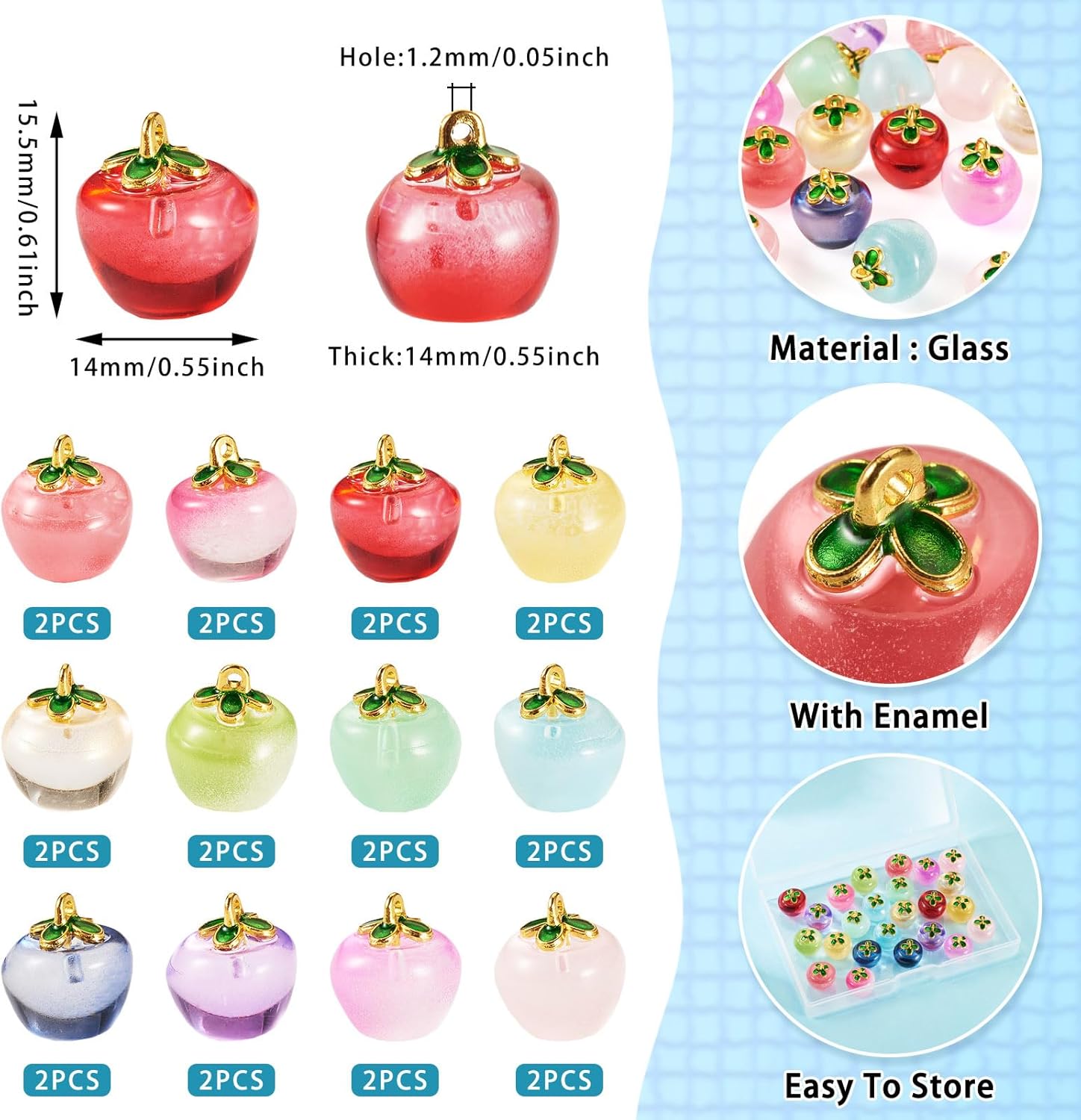Glass Fruit Charms Colorful Crystal Fruit with Enamel Leaf Charms Handmade 3D Fruits Dangle Pendants Cute Fruits Hang Ornament for DIY Crafts Earring Necklace Keychain Jewelry Making - Image 2