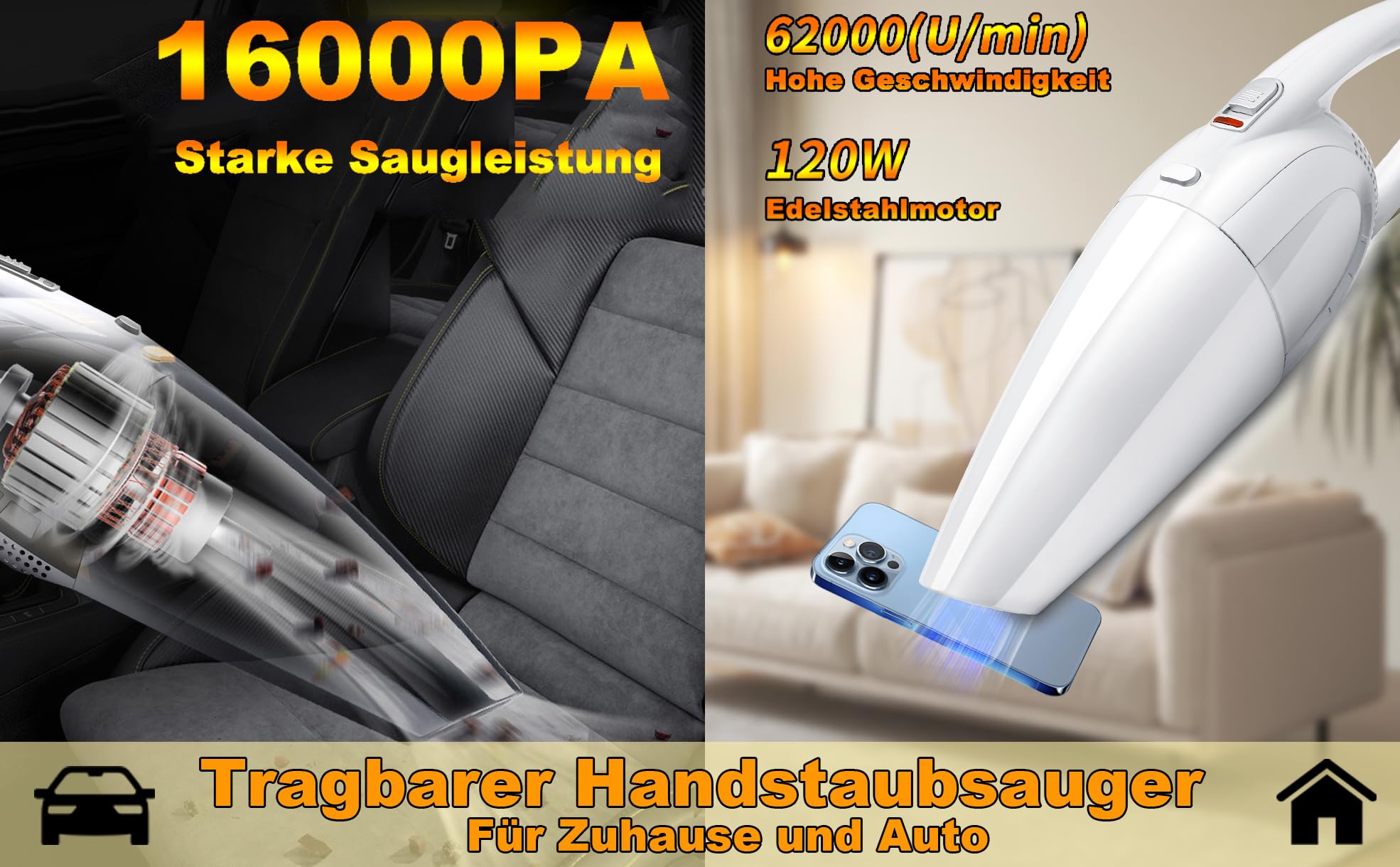 Aspirador de Mano, Aspirador de Mano 16000Pa Ganador de la Prueba sin Bolsa con batería, Aspirador de Mano con batería húmedo/Seco, Aspirador de Coche de 120 W, Aspirador de Mano inalámbric