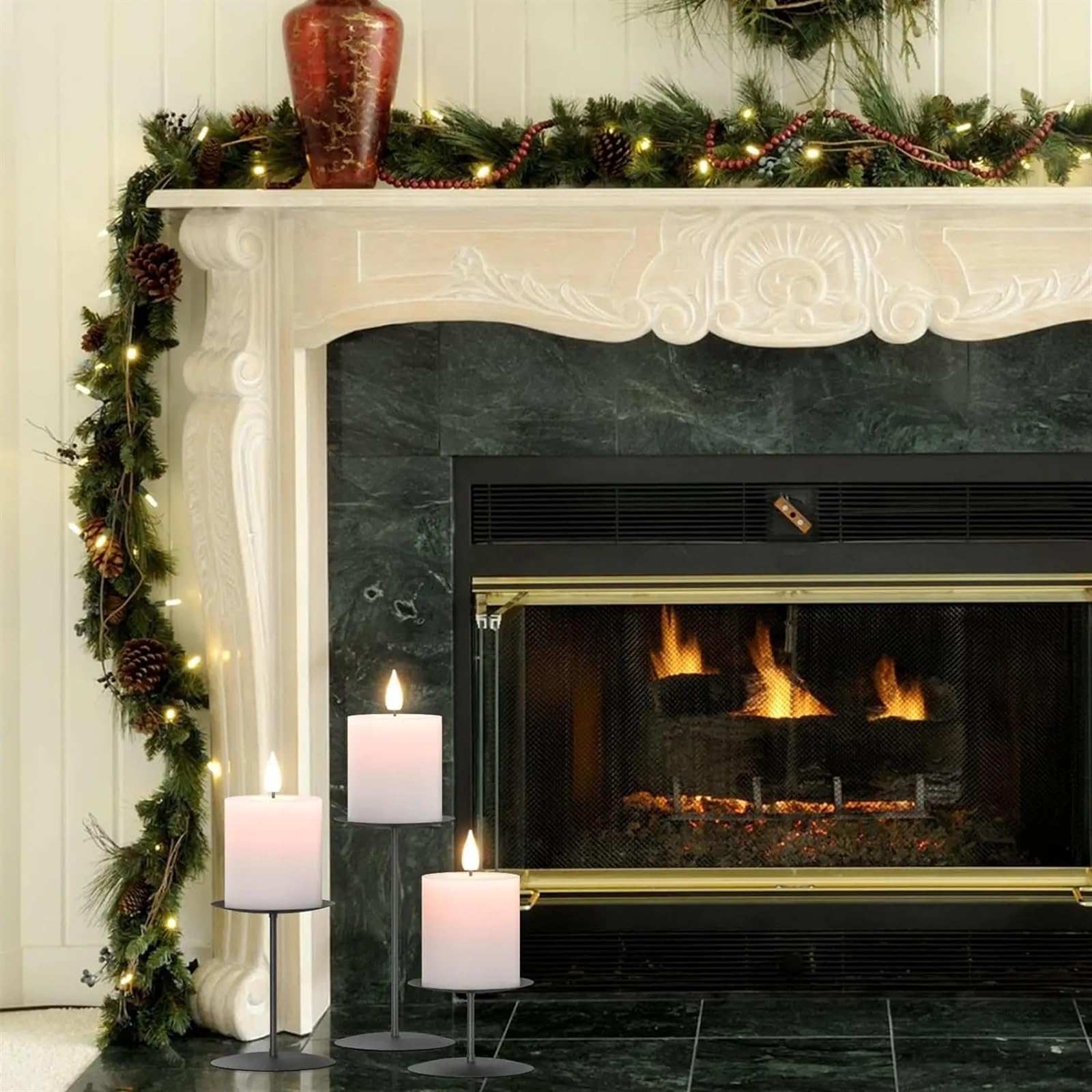 Portavelas Candelabros Negros de 3 pilares, Soporte for Velas, centros de Mesa, Plato for mesas, Chimenea con Metal