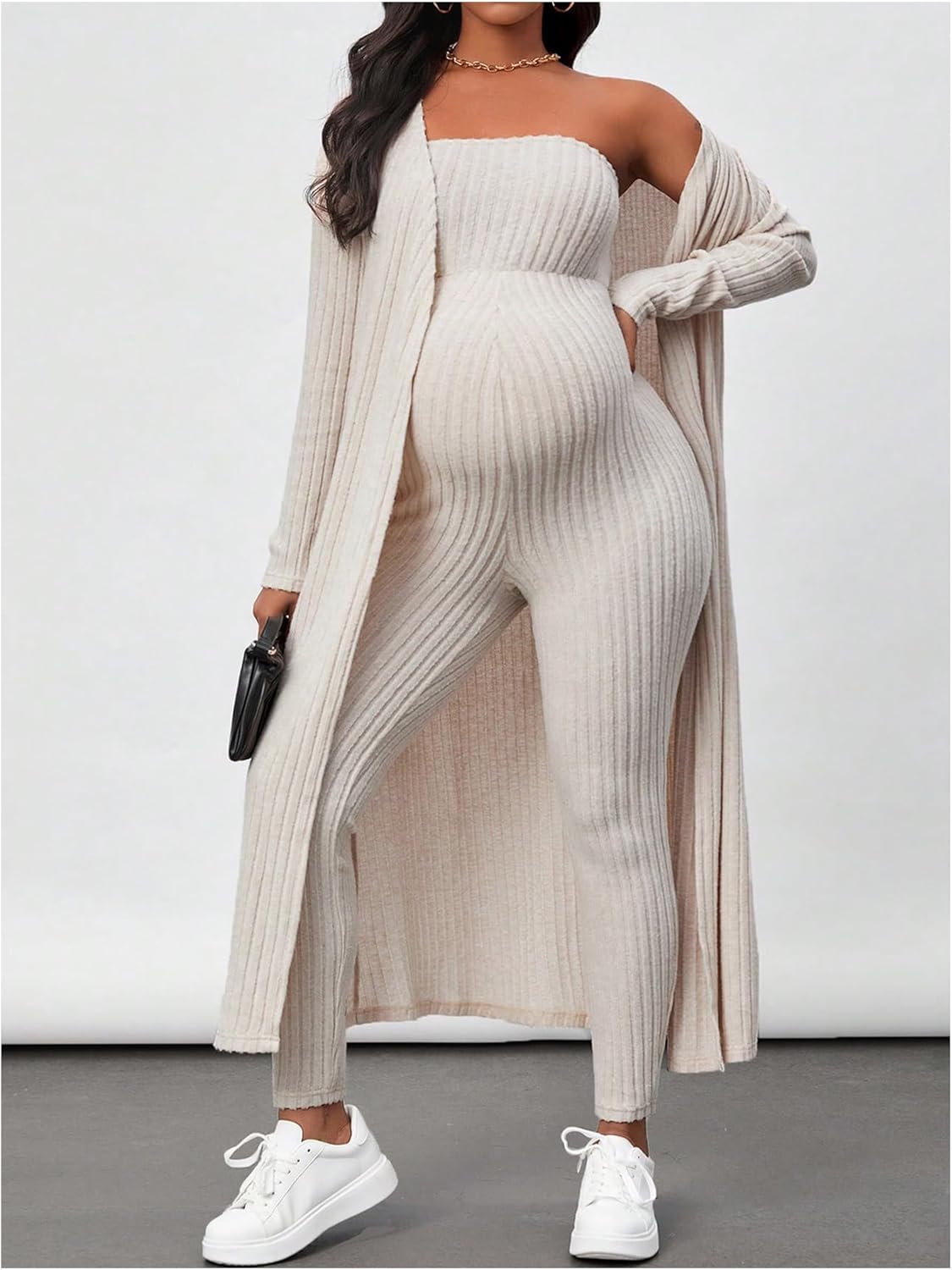 Women's Maternity Ribbed 2 Piece Outfit Strapless Skinny Leg Jumpsuit and Long Sleeve Cardigan Set - Image 4