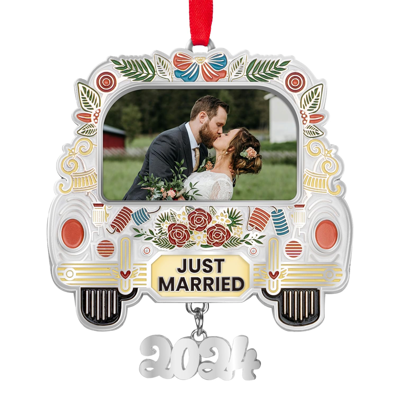 Personalized Just Married Car Decorations, Wedding Gifts for Newlyweds Couples - Christmas Wedding Ornament 2024 - Bride Gifts, Bridal Shower Gifts - Wedding Car Christmas Picture Frame Ornament