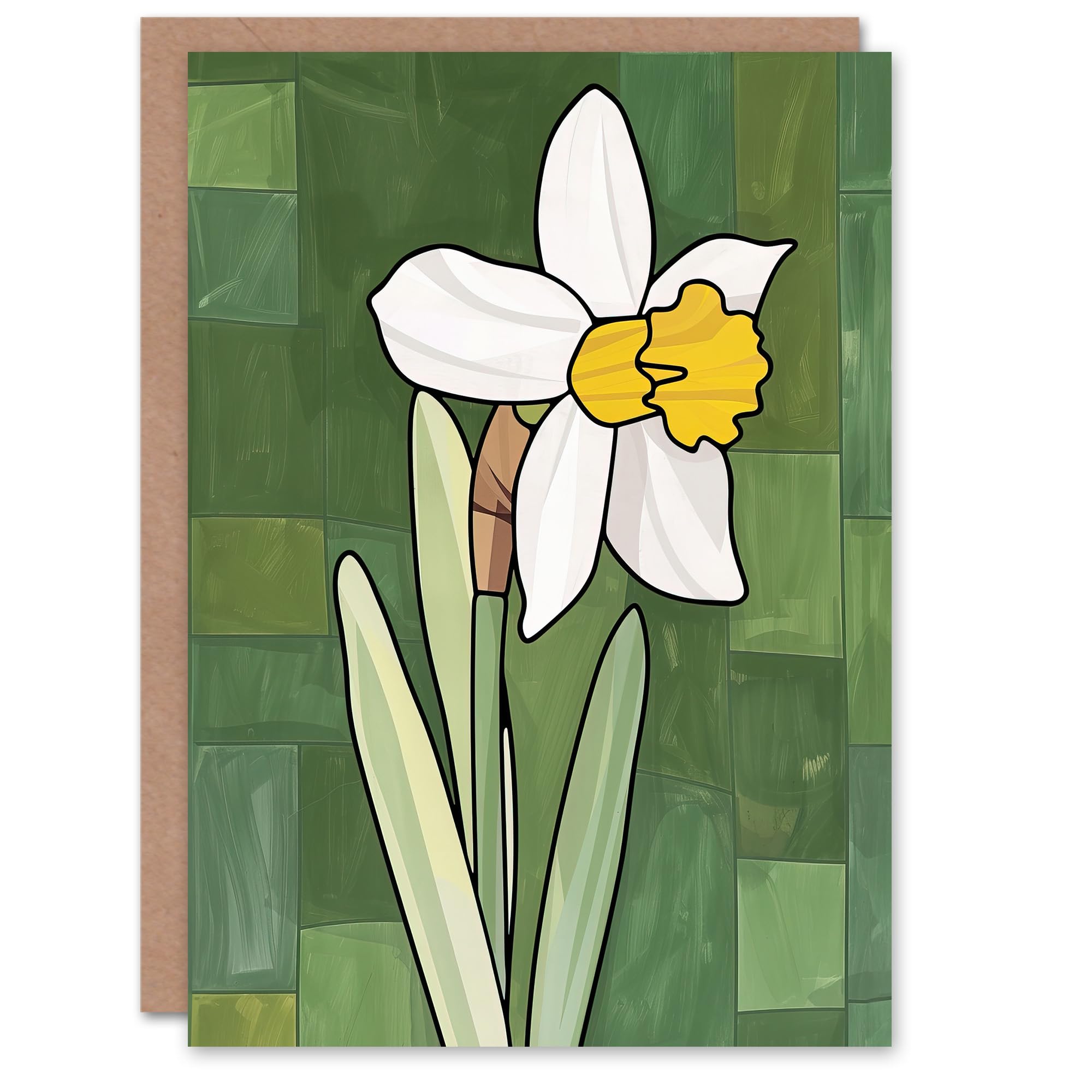 Artery8 Daffodil Flower Bloom Green Stylised Painting Greeting Birthday Card Him Her All Blank