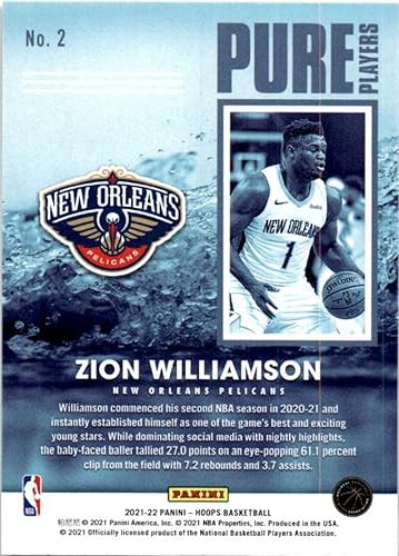 Miniatura 2 de 2021-22 Hoops Pure Players #2 Zion Williamson New Orleans Pelicans NBA Basketball Trading Card