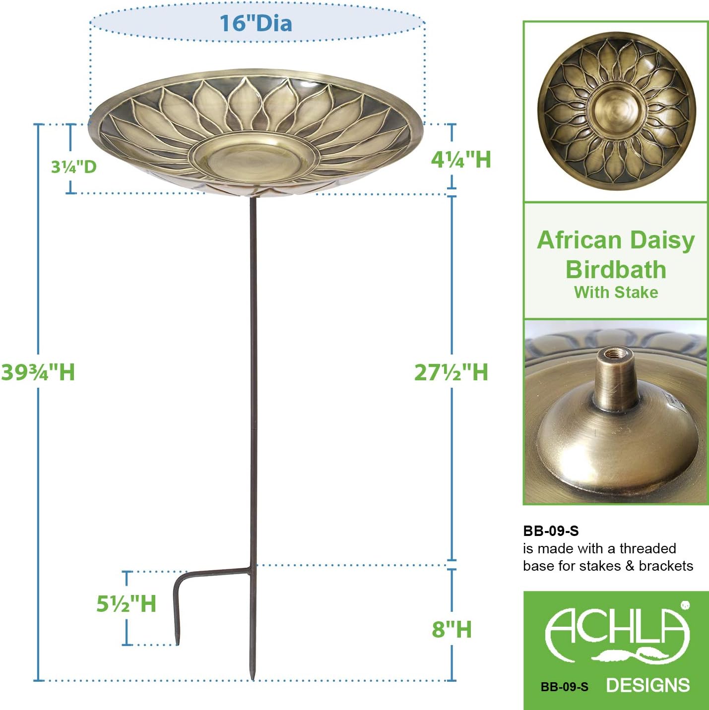 Achla Designs African Daisy Birdbath, Brass, with Stake
