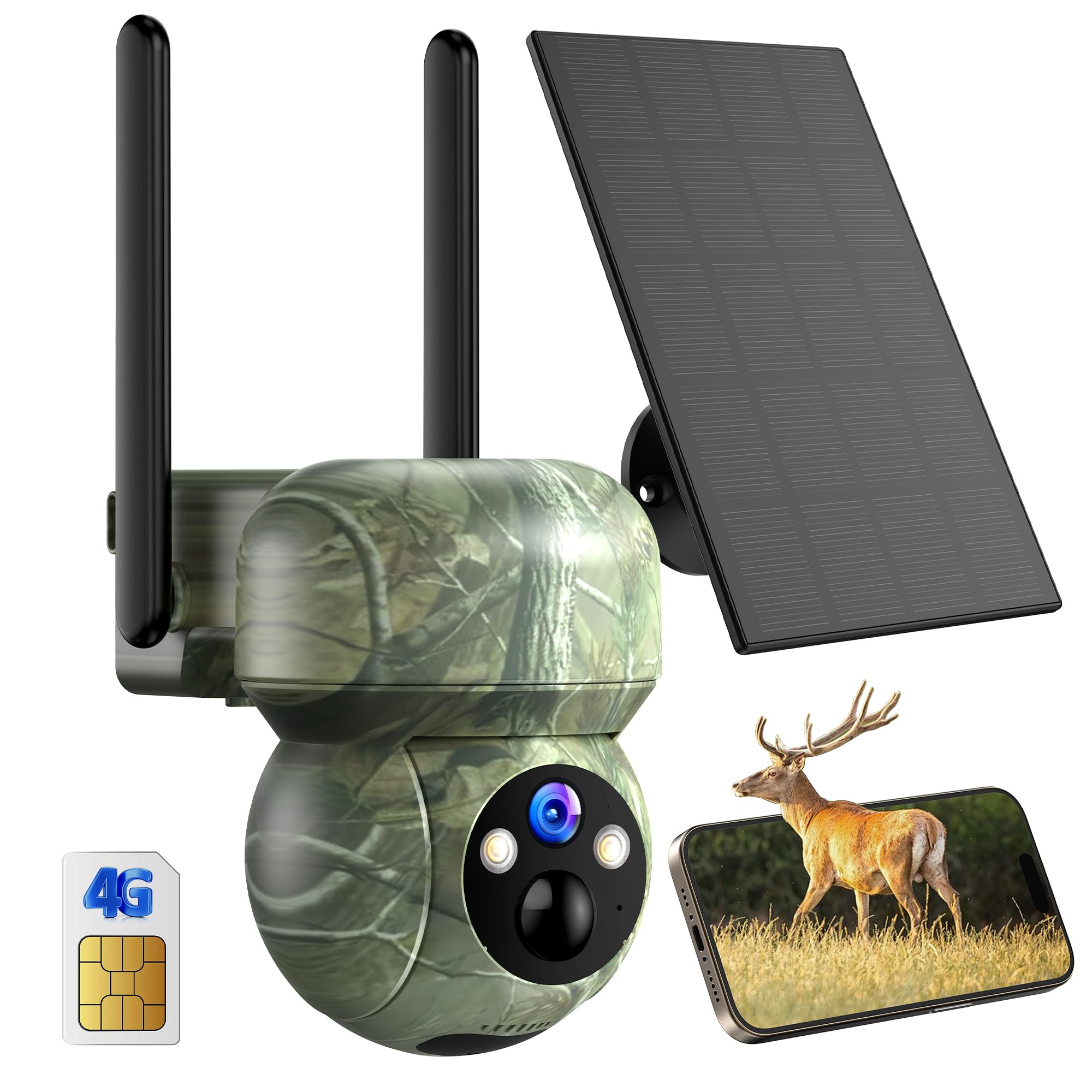 4G LTE Camara Vigilancia Exterior Solar: 2K Videovigilancia sin Internet - 360°PTZ Camaras de Vigilancia sin Cables - Camara Caza Sim Visión Nocturna Color Movimiento Detección