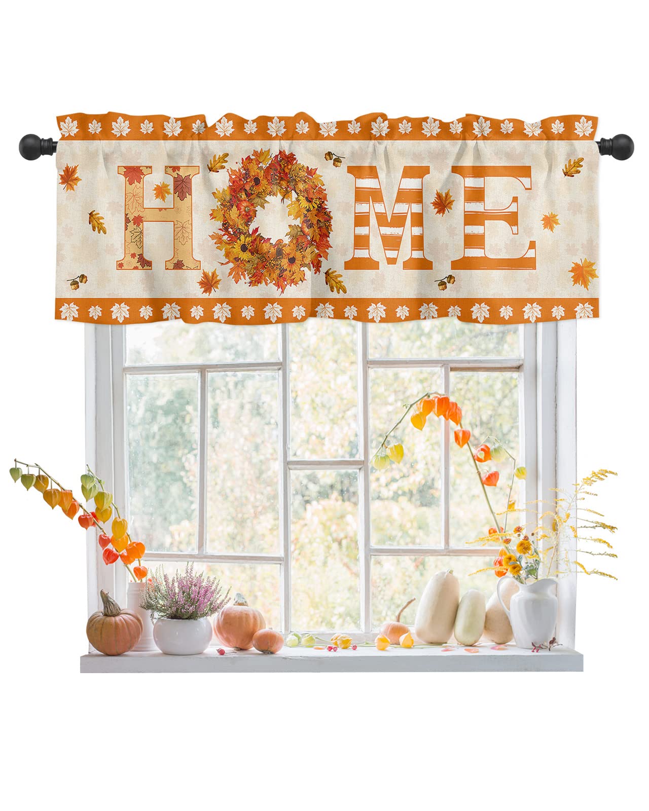BEMIGO Fall Wreath Curtain Valances for Windows, Light Filtering Thermal Insulated Windows Curtains Decoration Pumpkins Orange Valance Curtains for Kitchen Cafe Bedroom Living Kid Room Decor 42x18in