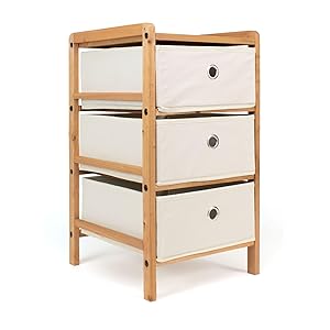 THE SECRET HOME - Mueble Auxiliar de Madera - Cajonera de 3 Cajones en Madera y Tela – Color Marrón y Beige - Mueble Organizador para Baño, Cocina, Salón, Dormitorio