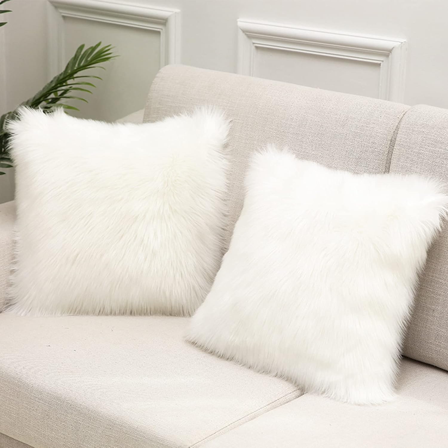 Square Shaped Pillow Casing/Slip Faux Fur Hand Stitched Soft Cushion Cover for Home Décor Office | Pack of 2, White 18x18 in-image-14