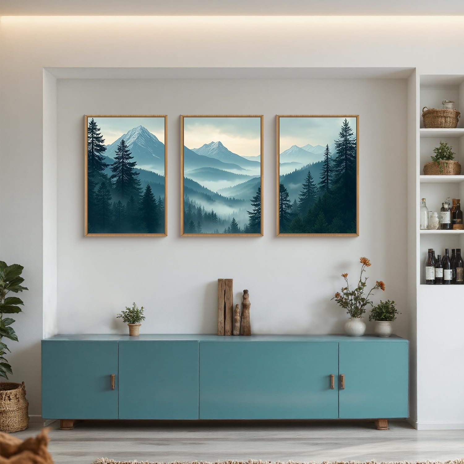 lianyibo Duży obraz na płótnie "Mglisty las górski", naturalna dekoracja ścienna z sosnami, obraz "Mglisty, śnieżny las" do salonu (20 x 30 cm x 3/rama wewnętrzna)