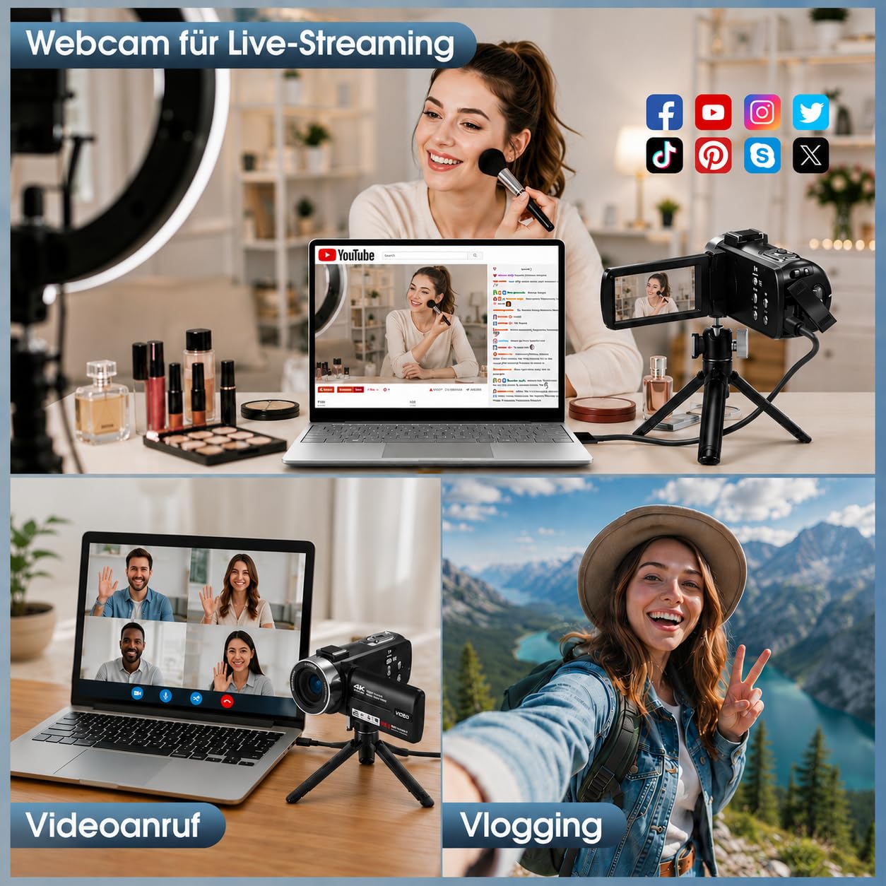 Caméscope 4K - Caméra vidéo 30 fps 80 MP 18 x zoom numérique IR vision nocturne caméra vlogging écran IPS 3,0" YouTube avec carte SD 32 Go, télécommande et 2 piles