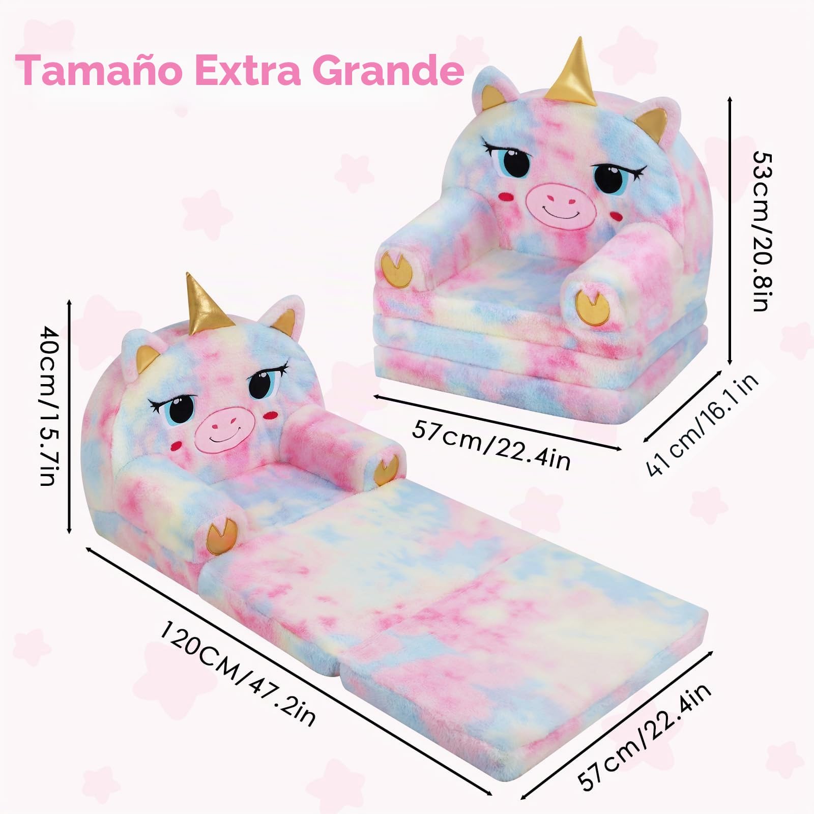 decalsweet Sofá Plegable de Felpa para Niños con Respaldo Sillón 2 en 1, Cómoda Ligero Estable Sillón Infantil con Cremallera, Sofá Cama para Bebé para Dormitorio Sala de Juegos, Mini Sofa (Unicornio)