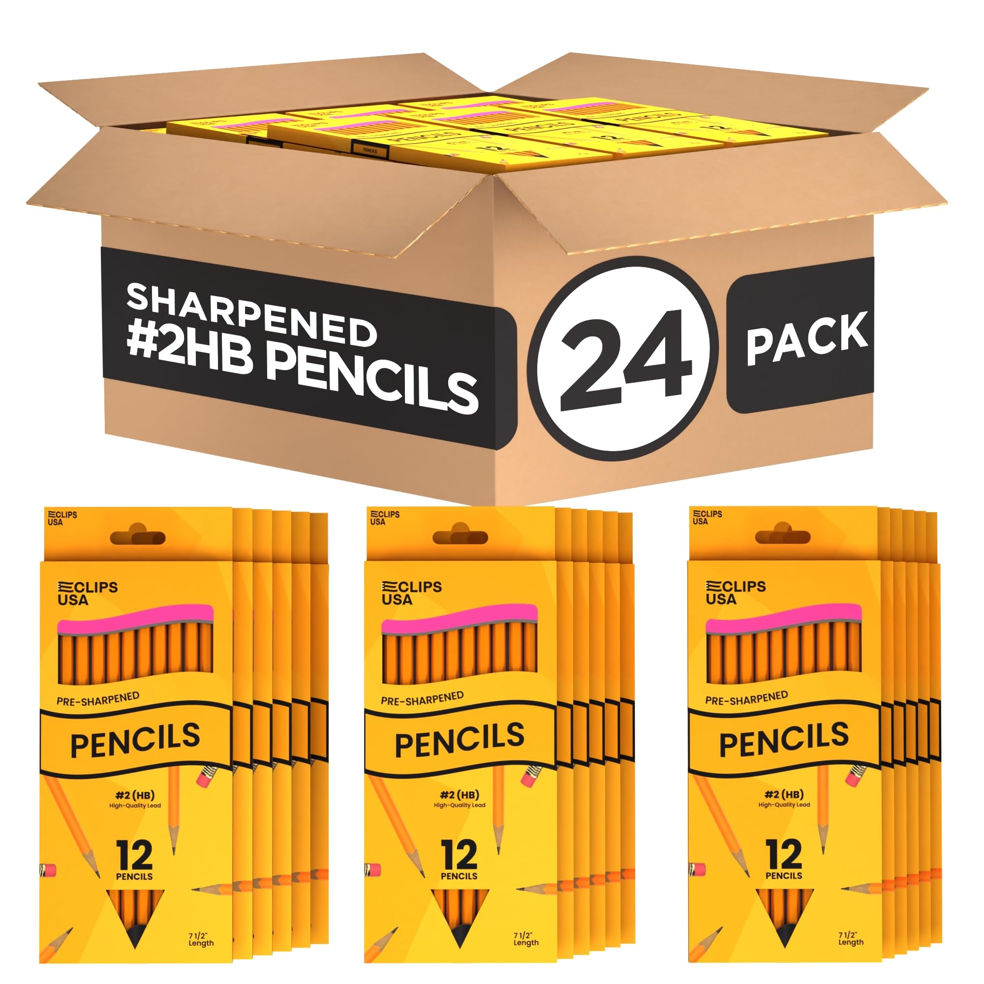 E-CLIPS USA Lápices a granel #2 (24 cajas), lápiz número 2, lápiz preafilado, suministros escolares a granel, suministros de oficina a granel, caja a granel puede variar 12 lápices por caja (24 cajas)